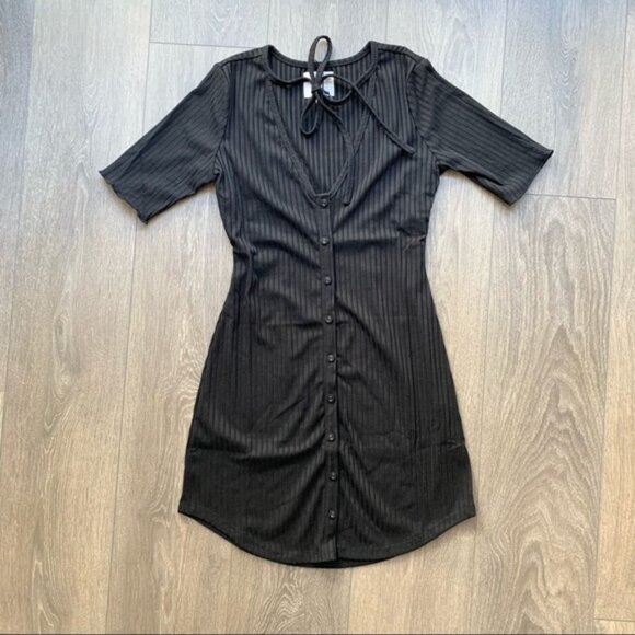 Revolve Privacy Please Prentiss Mini Dress Bodycon Rib Knit Tie detail Black XS - Picture 4 of 14